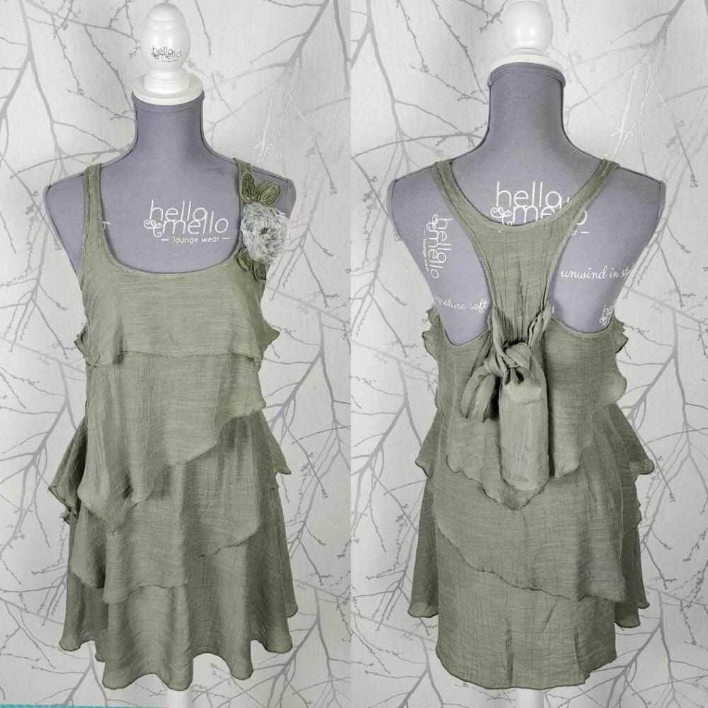 Paradise Sage Green Floral Applique Tiered Round Neck Dress